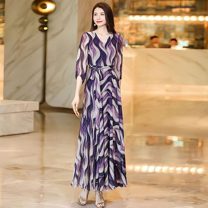 COSYEVNO 여성 롱 쉬폰 원피스 프린트 패션 바캉스 긴팔 스커트