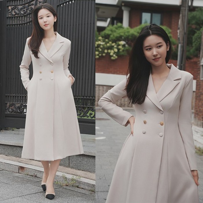 비비디아 여성용 하객룩 더블버튼 긴팔 롱원피스 오피스 하객결혼식 데일리룩 5559