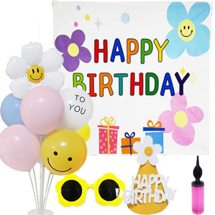 생일파티 패브릭 가랜드 현수막 스마일 생일풍선세트 용품, 혼합색상