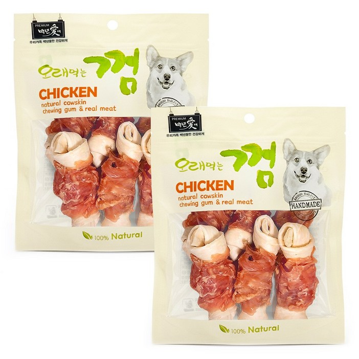 백년애 고기가 2배 이상 말린 오래먹는 강아지껌, 닭고기 중형, 250g, 2개