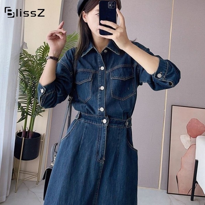 Blissz 여성 셔츠 기질 데님 원피스 봄 가을 빈티지 허리 슬림핏 미디 데님 스커트