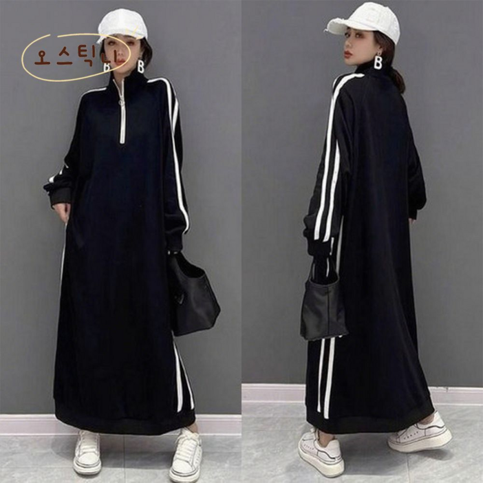 오스틱니 150kg까지 날씬해보이는 원피스 여성 가을 스트라이프 반집업 칼라 제인드 맨투맨 오버핏 이너 긴팔 캐주얼 패션 데일리 클래식배색 빅사이즈 오버사이즈 롱 원피스