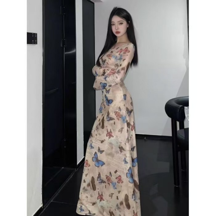 ZCBV 나비 프린트 긴팔 몸매 라인 잡아주는 리본 허리 랩 원피스 여성 봄 가을