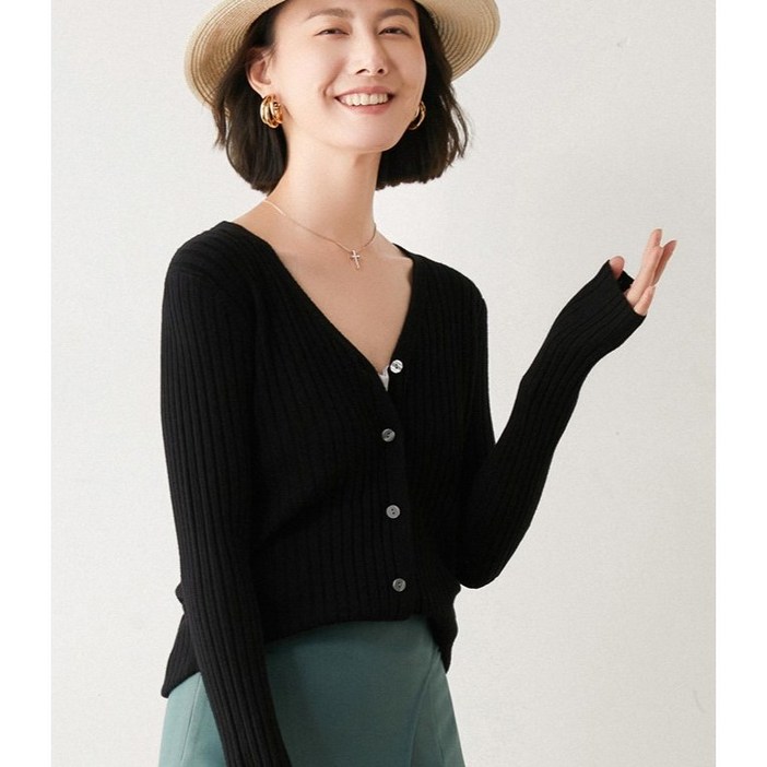여성 브이넥 양모 골지 스타일리쉬 가디건