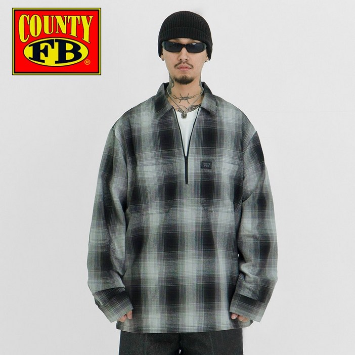 FB COUNTY 체커 하프집업 셔츠 블랙그레이