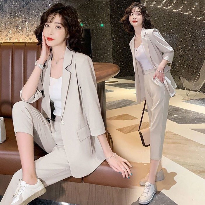 지고다그 여성 여름 빅사이즈 7부소매정장자켓 바지 슬랙스 투피스 세트 편안한 루즈핏 오피스룩 HH2041