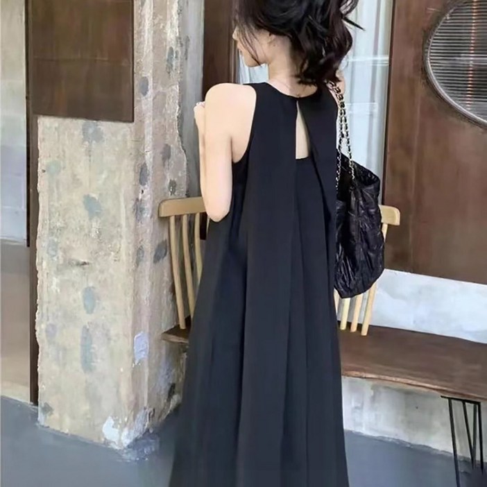 VVRR 여성 성인 무소매 원피스 심플한 루즈핏 캐주얼 면 드레스 A0022008