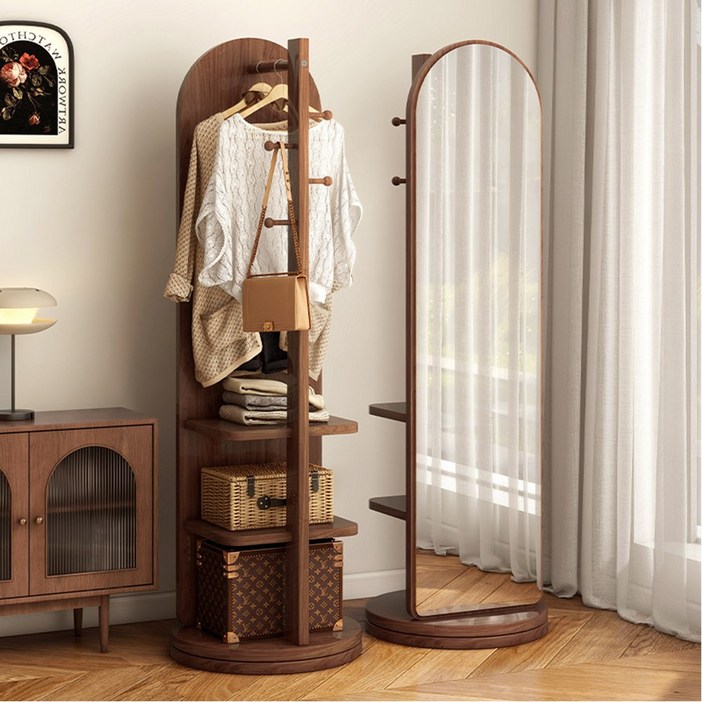 다용도 360도 스탠드형 회전 전신거울 수납 행거 원목 옷걸이, 갈색 나무색