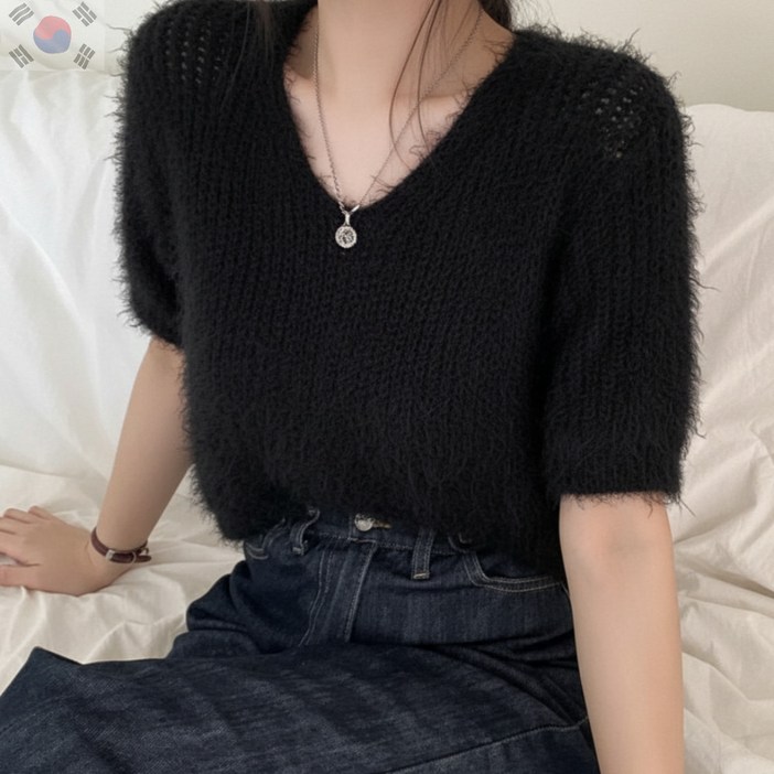 노나네 가을 겨울 필수템 부드러운 반팔 니트 보들보들 브이넥 간절기 반팔티