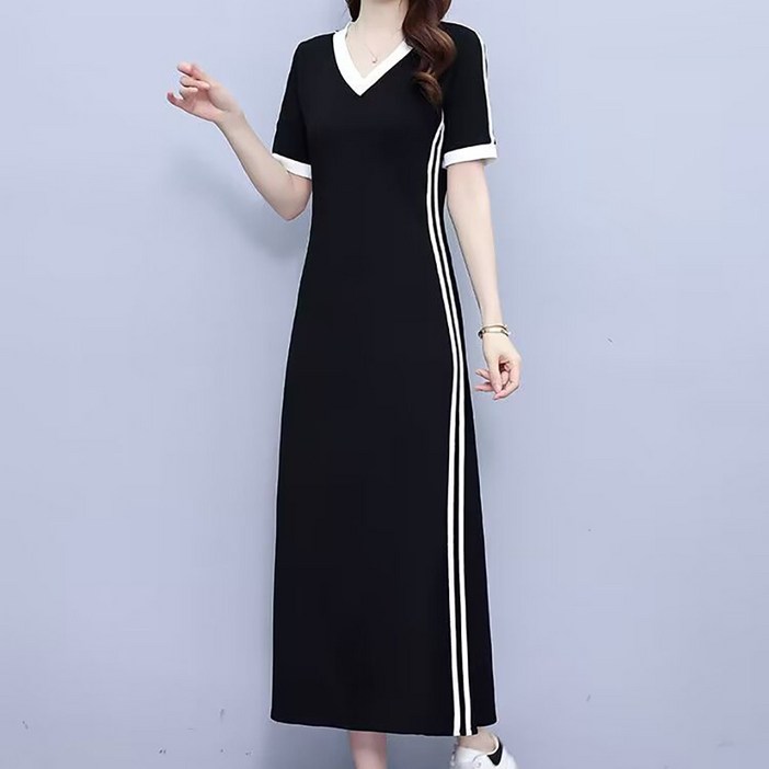 ROYALBELLE 여성 배색 롱 원피스 브이넥 반팔 빅사이즈 통 원피스 U0031927 ROYALBELLE 여성 배색 롱 원피스 브이넥 반팔 빅사이즈 통 원피스 U0031927