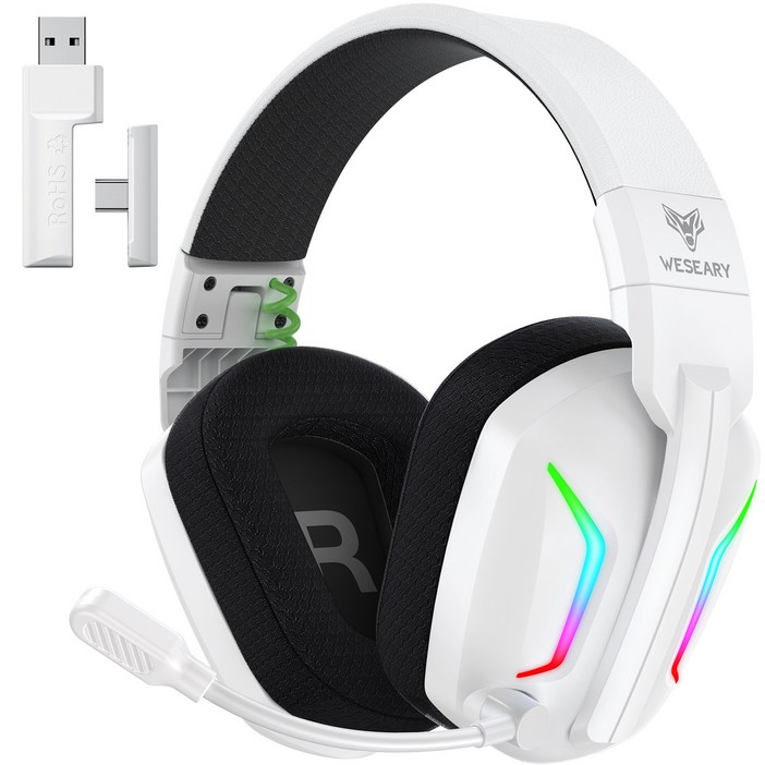 WESEARY 무선 게이밍 헤드셋 WG1 가상 7.1채널 초경량 2.4GHz 저지연 3D 사운드 노이즈 캔슬링 마이크, 화이트 블랙