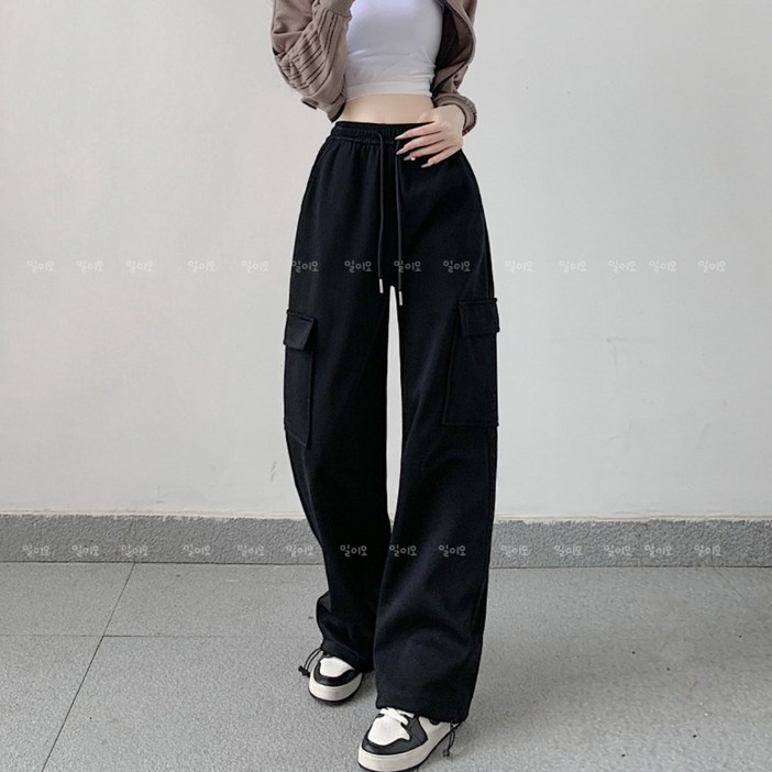 바이일이오 여성 일자핏, 조거 스타일 와이드 카고 밴딩 트레이닝 팬츠 S~XL