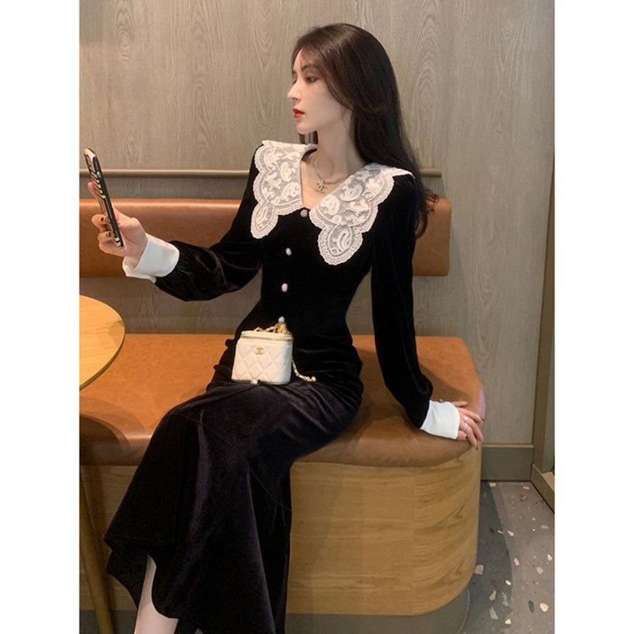 그루밍 (grooming) 여성 봄 벨벳 카라 레이스 롷 드레스 원피스