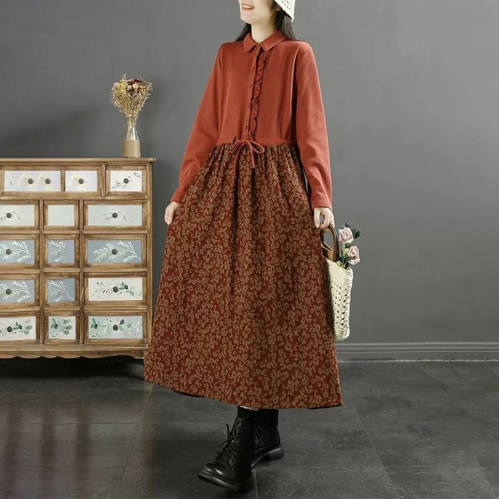 WANGBAIWAN 빈티지 니트 패치 플라워 롱원피스 가을 겨울 치마 로맨틱 예쁜 롱원피스 긴팔 여 L91105