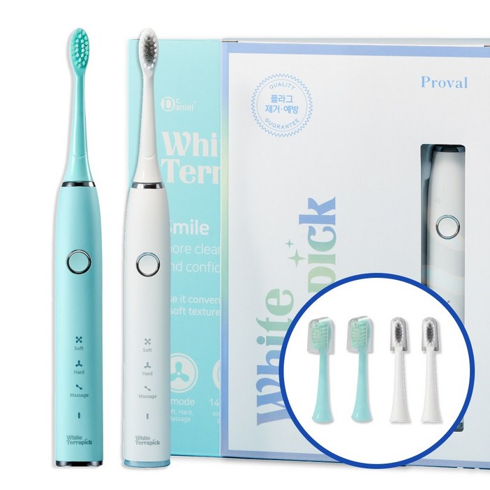 프로벨 음파전동칫솔 저자극 저소음 무선 3단계모드 칫솔모2개프로벨본사보증서, 화이트테라픽 음파칫솔, 화이트민트, 2개