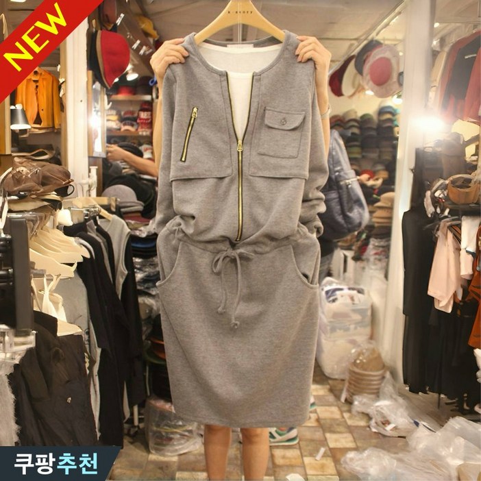 여성 캐쥬얼 슬림핏 허리 밴딩 젊어 보이는 날씬해보이는 원피스 가을 편한 스판 통기성 무지 심플 데일리 출근룩 루즈핏 캐주얼 하프 포켓 집업  디자인 패션 폼폼 입체 스커트