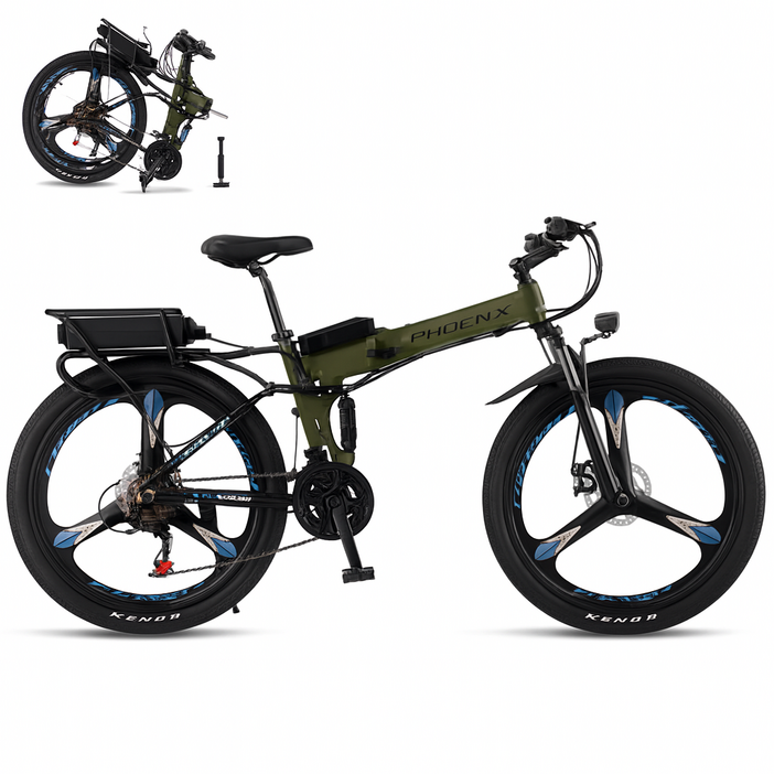 헨릭스 전기자전거 접이식 pas 출퇴근 배달 mtb 산악 로드 전동자전거 26인치 48V, Green, 하이텐강