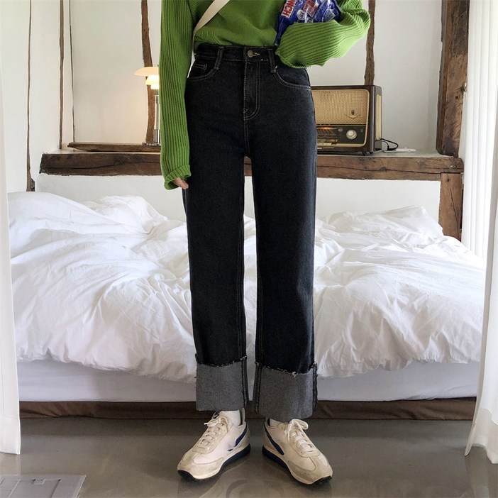 Vezri 여성용 하이웨이스트 블랙 데님 롤업 청바지 슬림 핏 캐주얼 바지