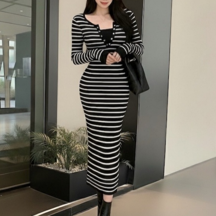 유니크코코 슬림 골지 니트 긴팔 롱 원피스 op5785