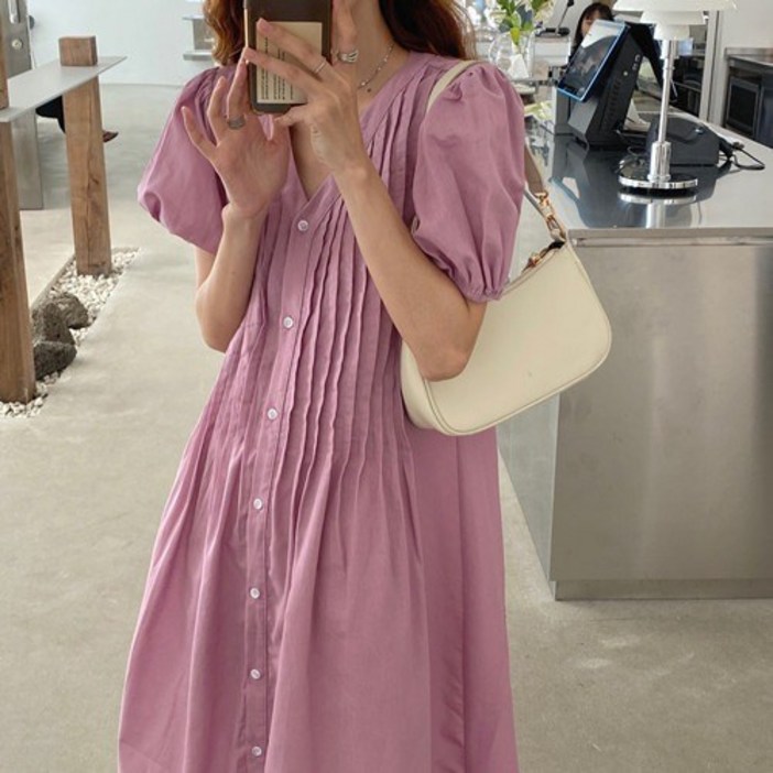 모니카 세로 핀턱 버튼 롱 원피스 제이플로우 린넨 여름 루즈핏 주름 브이넥