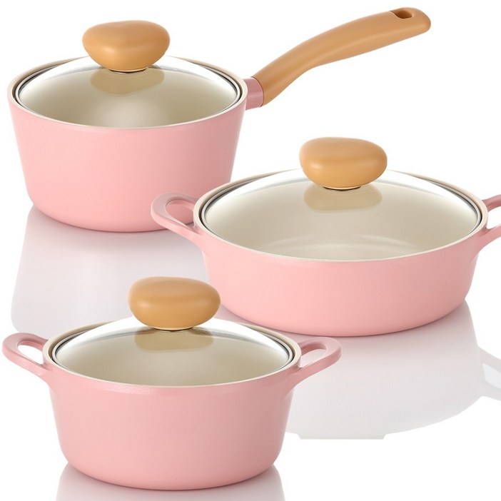 네오플램 레트로 IH 인덕션 냄비 편수 양수 전골 3종세트 핑크, ih핑크, 1세트, 3종세트 편수18양수18전골22