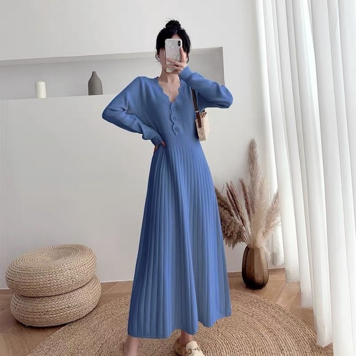 해피유통 여성 니트 플리츠 롱 원피스 봄 가을 우아한 웨이브넥 디자인  LMY