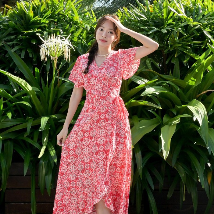 [44~77] 헤링본 여름 트임 반팔 랩 롱 비치원피스 플라워 빅사이즈 바캉스룩 휴양지룩 비치웨어 HI181