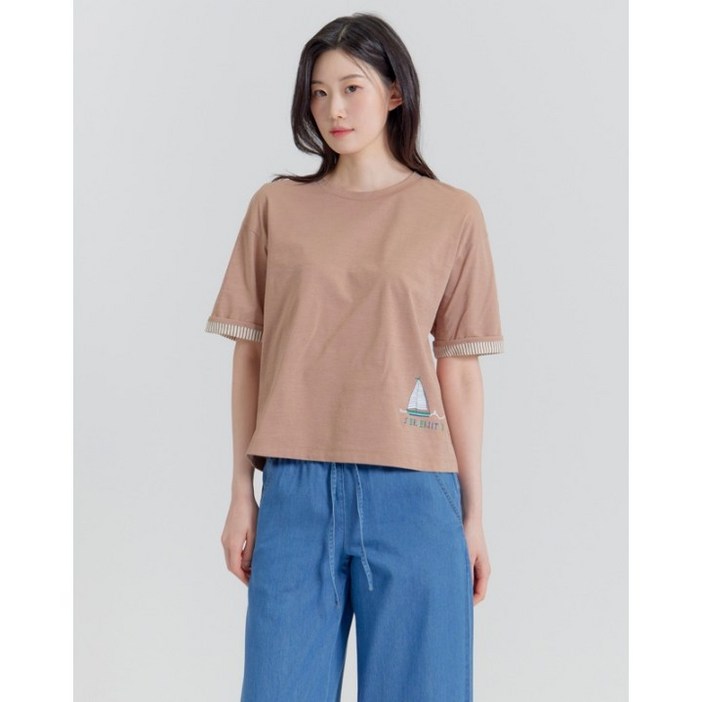 지센 기간할인  여성 소매 스트라이프 배색 5부 티셔츠  LCTSP431 색상2