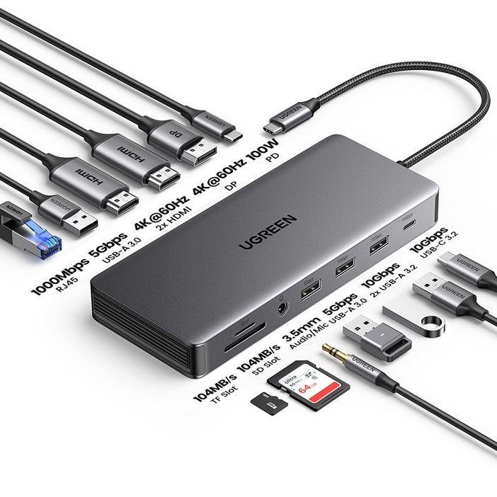 UGREEN 유그린 13in1 USB C타입 멀티 허브 4K 60Hz 트리플 디스플레이 2xHDMI 1xDP 도킹 스테이션 USB3.2 10Gbps USB허브 HDMI 어댑터, 1개 UGREEN 유그린 13in1 USB C타입 멀티 허브 4K 60Hz 트리플 디스플레이 2xHDMI 1xDP 도킹 스테이션 USB3.2 10Gbps USB허브 HDMI 어댑터, 1개