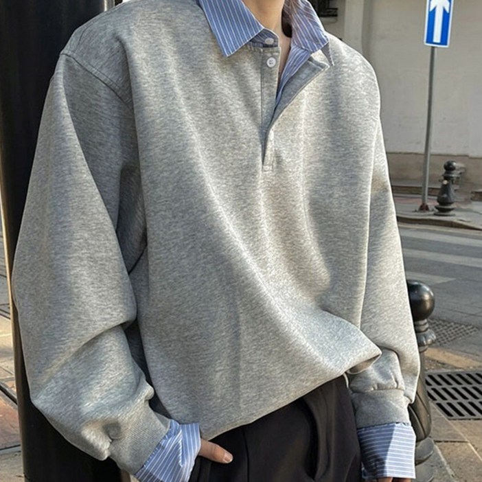 꽃소담 남자 오버핏 캐주얼 맨투맨 긴팔 카라넥 티셔츠