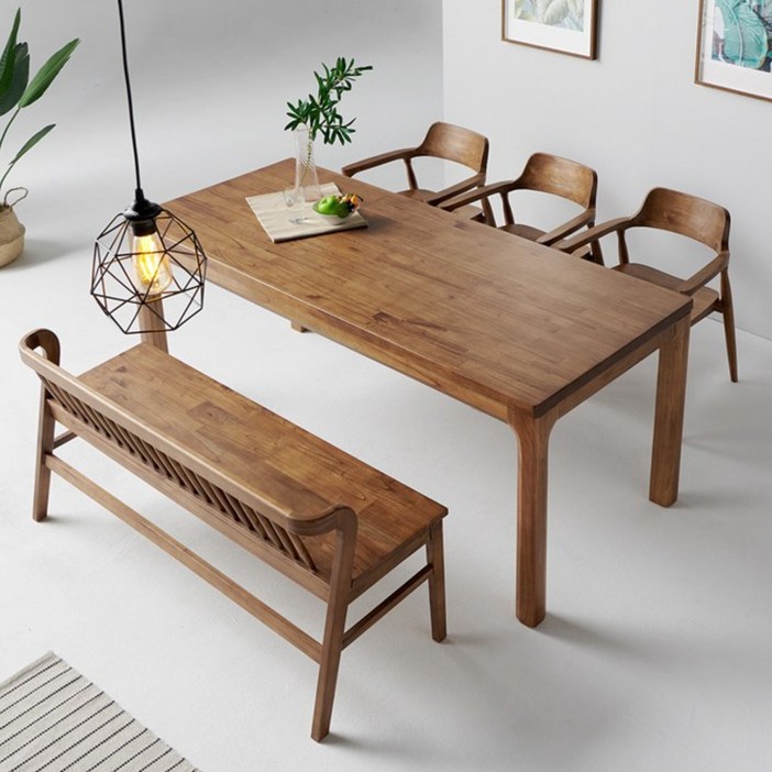 빈펄가구 100% 참죽나무 원목 6인용 원목식탁세트 의자 벤치 포함