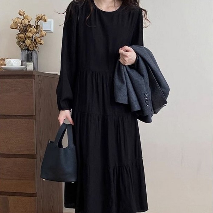 빅사이즈 여성 고급 라운드 긴팔 원피스 가을 원피스 루즈핏 플레어 롱스커트 하객 원피스