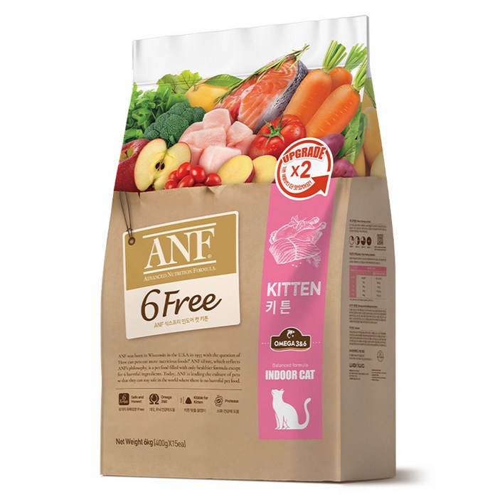 ANF 생후 12개월 이전 식스프리 인도어 캣 키튼 건식사료, 피부피모, 6kg, 1개 ANF 생후 12개월 이전 식스프리 인도어 캣 키튼 건식사료, 피부피모, 6kg, 1개
