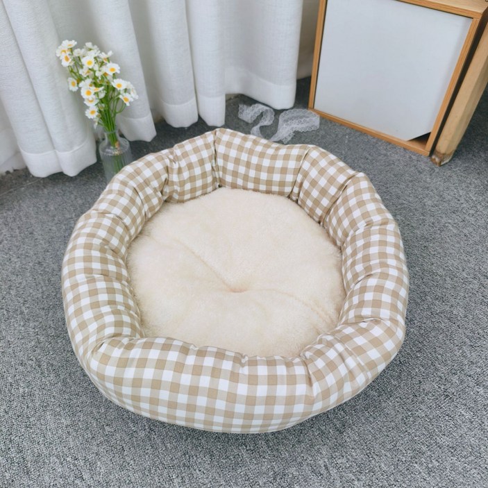 허니버블 반려동물 체크무늬 원형 도넛 꿀잠 방석 쿠션