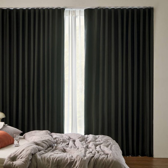 쁘리엘르 그로브 빛차단 사계절 핀형 암막 커튼 + 자석 타이백 세트