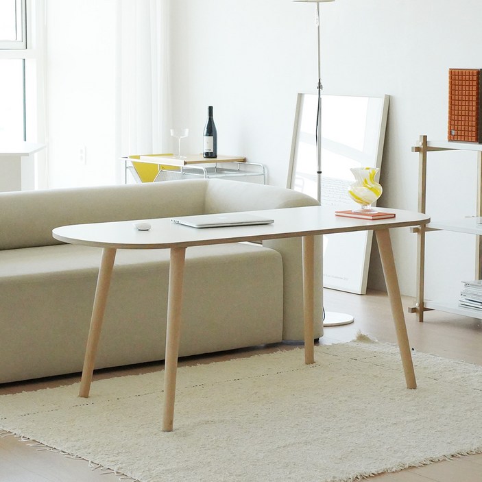 슈에뜨메종 타원형 원목다리 높은 거실 소파 테이블 LPM 15060, 스노우 화이트