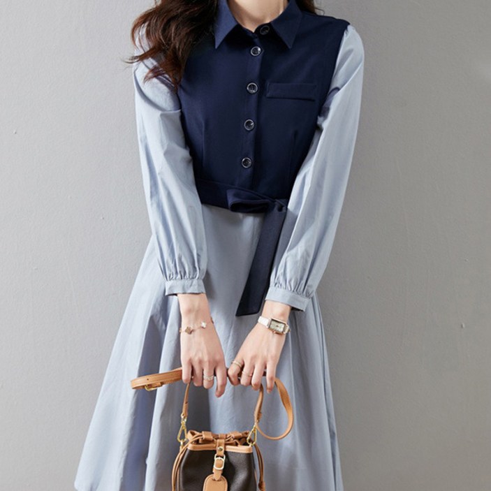 어썸풀 여성용 타르티 배색 카라 원피스 빅사이즈 포함