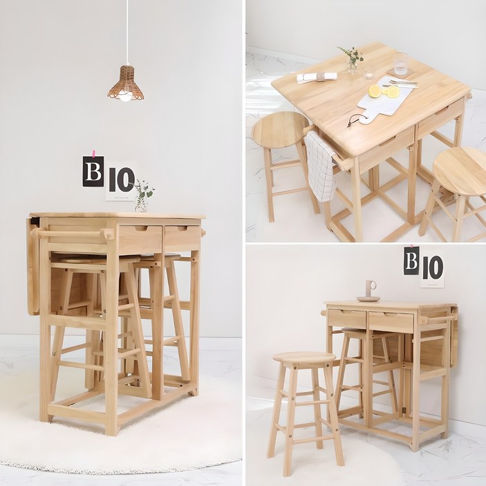 벤트리 원목 접이식 2인 멀티 식탁세트 (테이블1+스툴2 세트)