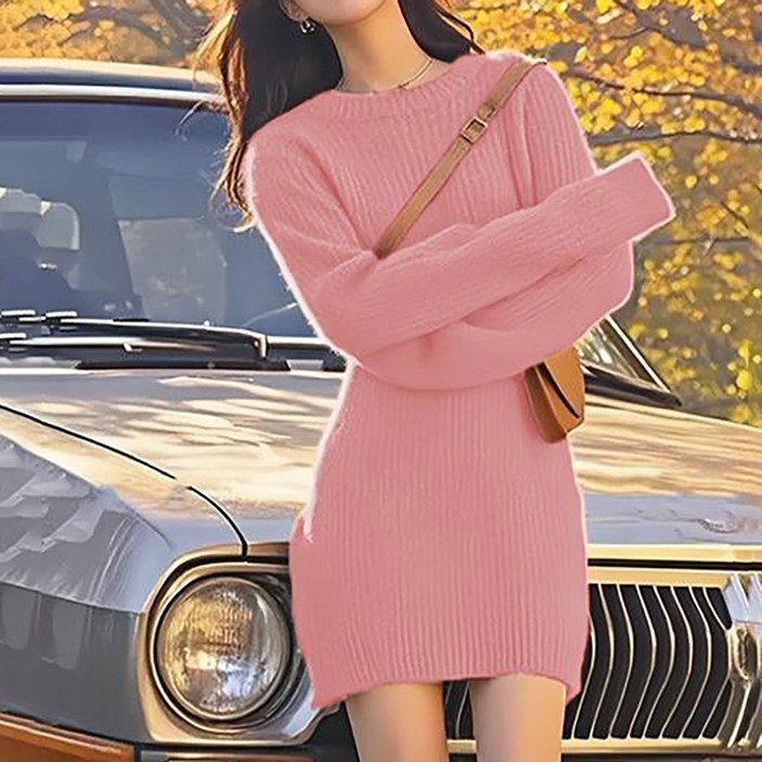 여성 가을 겨울 빅사이즈 니트 원피스 긴팔 라운드 날씬해 보이는 숏 스커트