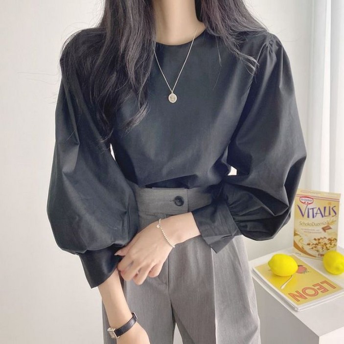 루스리더 여성 라운드넥 블라우스 퍼프소매 루즈핏 긴팔 셔츠 데일리 오피스룩 RZS7