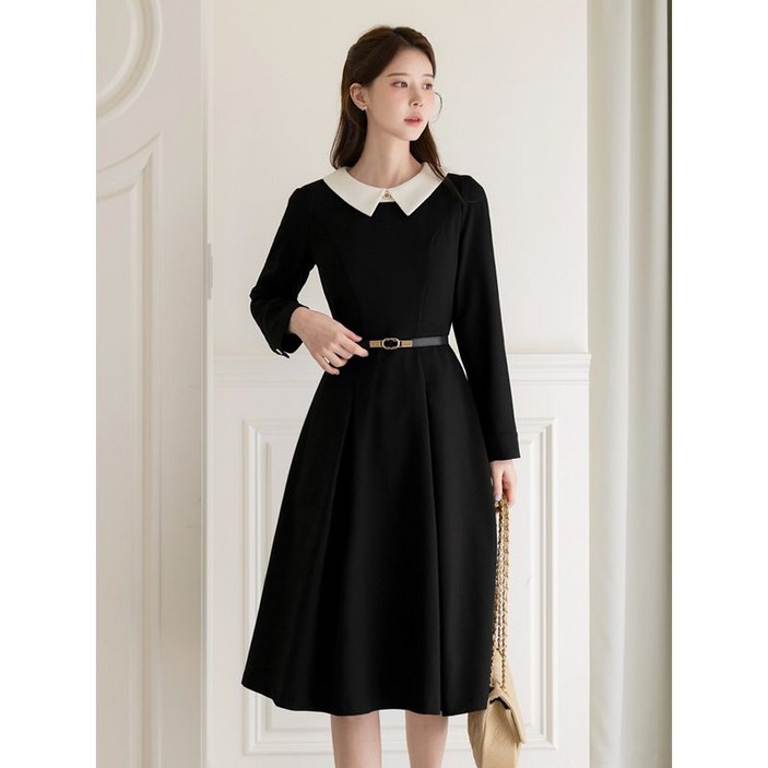 시크라인XXL까지 에이델라 배색 플랫카라 퍼프소매 플레어 원피스 가을 하객룩 오피스룩 모임룩 격식룩 빅사이즈