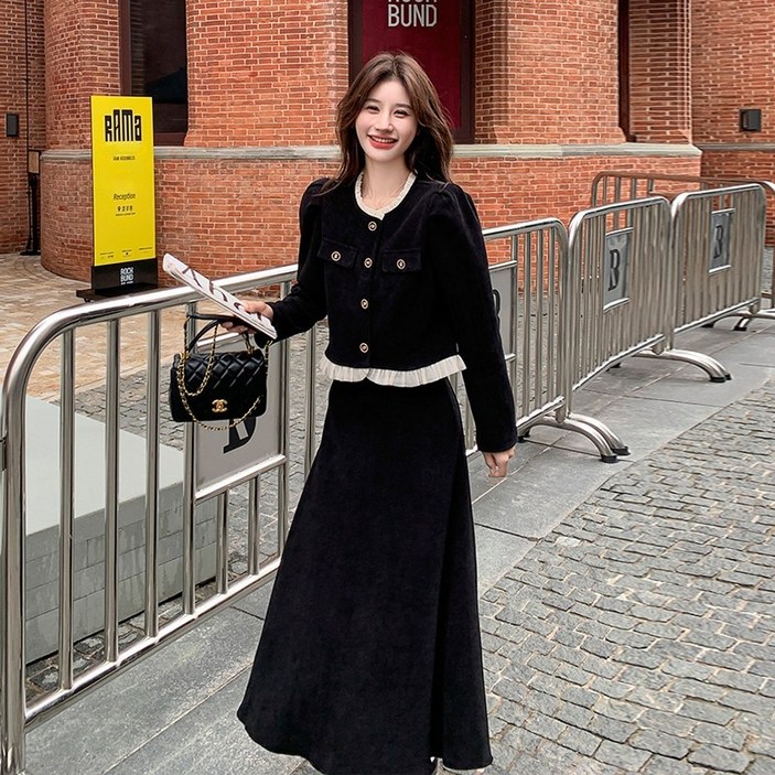 여성 봄 가을 데일리룩 치마 투피스 코듀로이 하객룩   롱스커트 세트 오피스룩 투피스