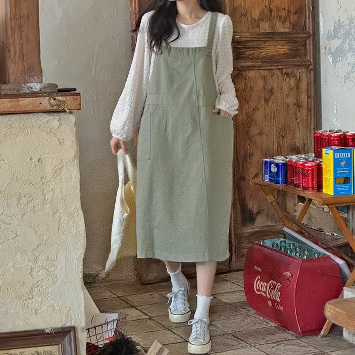 로로텐 멜빵 롱 원피스 면 뷔스티에 스퀘어넥 여성 빅사이즈