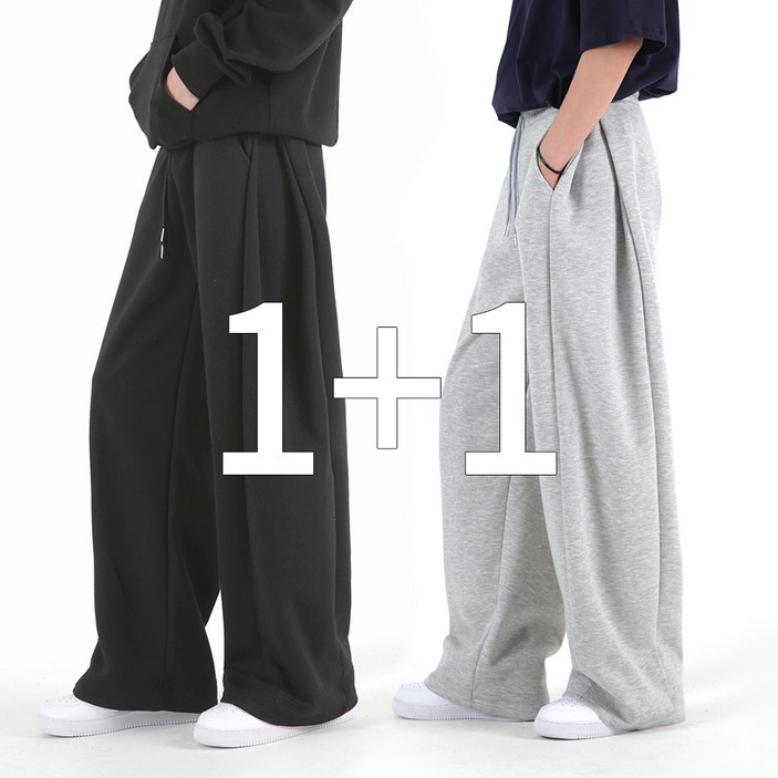 오버나인 1+1 남자 사이드 핀턱 옆트임 바지 와이드 트레이닝 팬츠