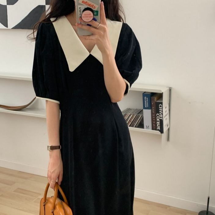유니크코코 하객룩 빅카라 퍼프소매 롱 원피스 5759