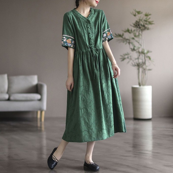 IWMAFT 여성 여름 플라워 미디 원피스 반팔 허리 조절 스트랩 가볍고 시원한 중년용 KT410