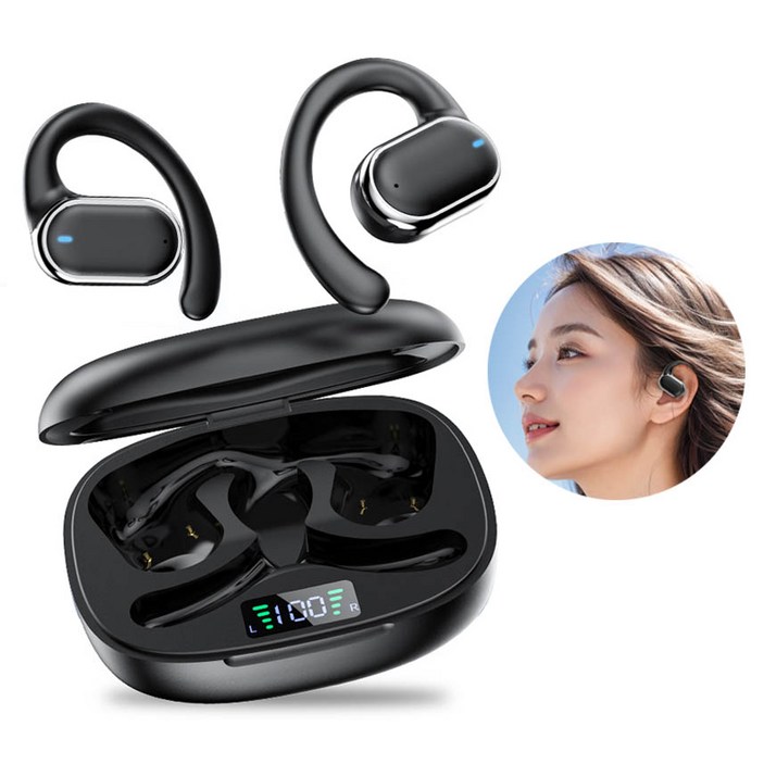 ELSECHO 오픈핏 블루투스 이어폰 무선 스포츠 이어폰 완전방수 귀걸이형 블루투스 5.3, 블랙