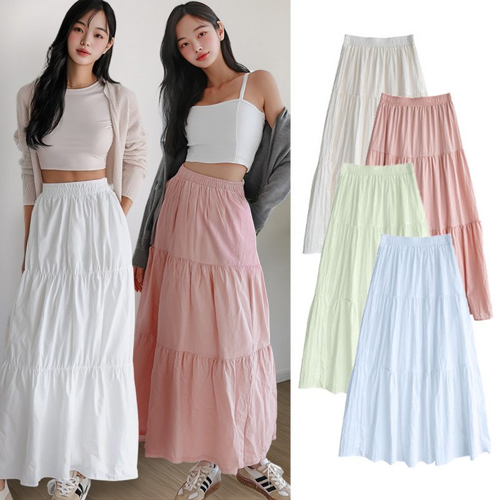 스토리원 여성 삼단 셔링 밴딩 롱 스커트 치마 WMSSSK005