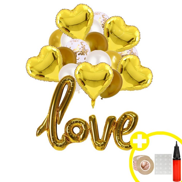 [러블리 파티] love 하트 은박풍선 컨페티 혼합풍선 파티용품세트 인생샷 포토존 연출템 5옵션 [에브리띵스마일] 1228, 1세트, 골드 혼합 풍선