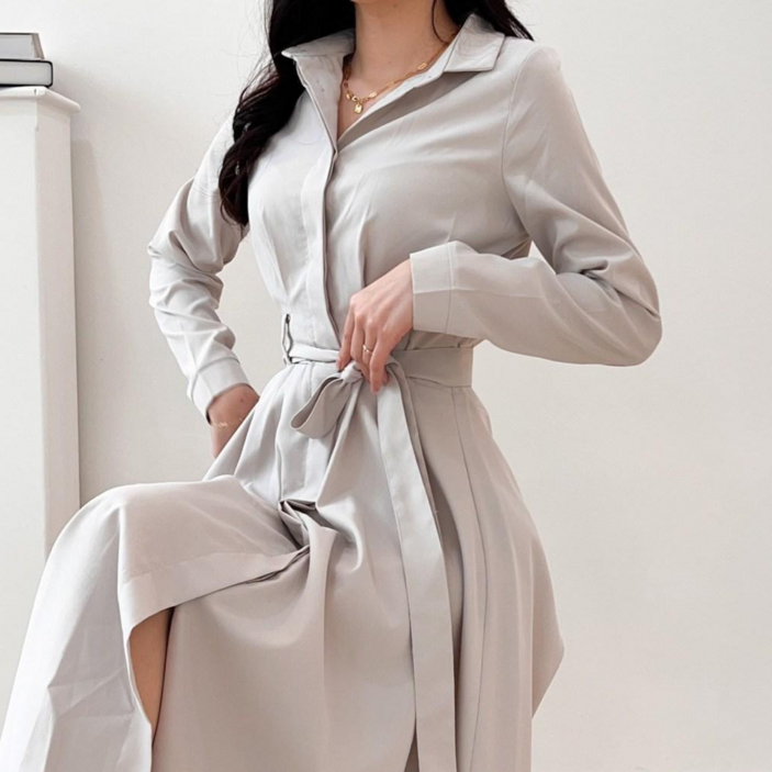 투디 셔츠 핀턱 플레어 롱 셔츠 원피스 벨트포함 하객룩, 3color